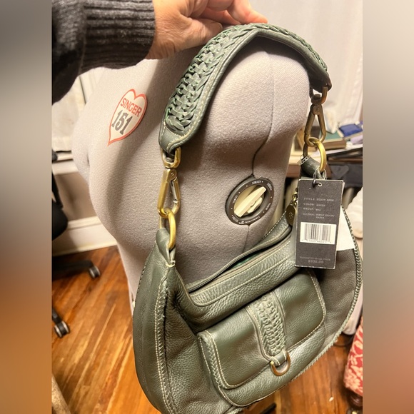 Hunter green, Donald J Piner, genuine leather shoulder bag, heavy brass hardware - Picture 6 of 14